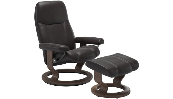 Stressless Consul Classic Recliner and Stool in Noblesse Dark Brown Leather